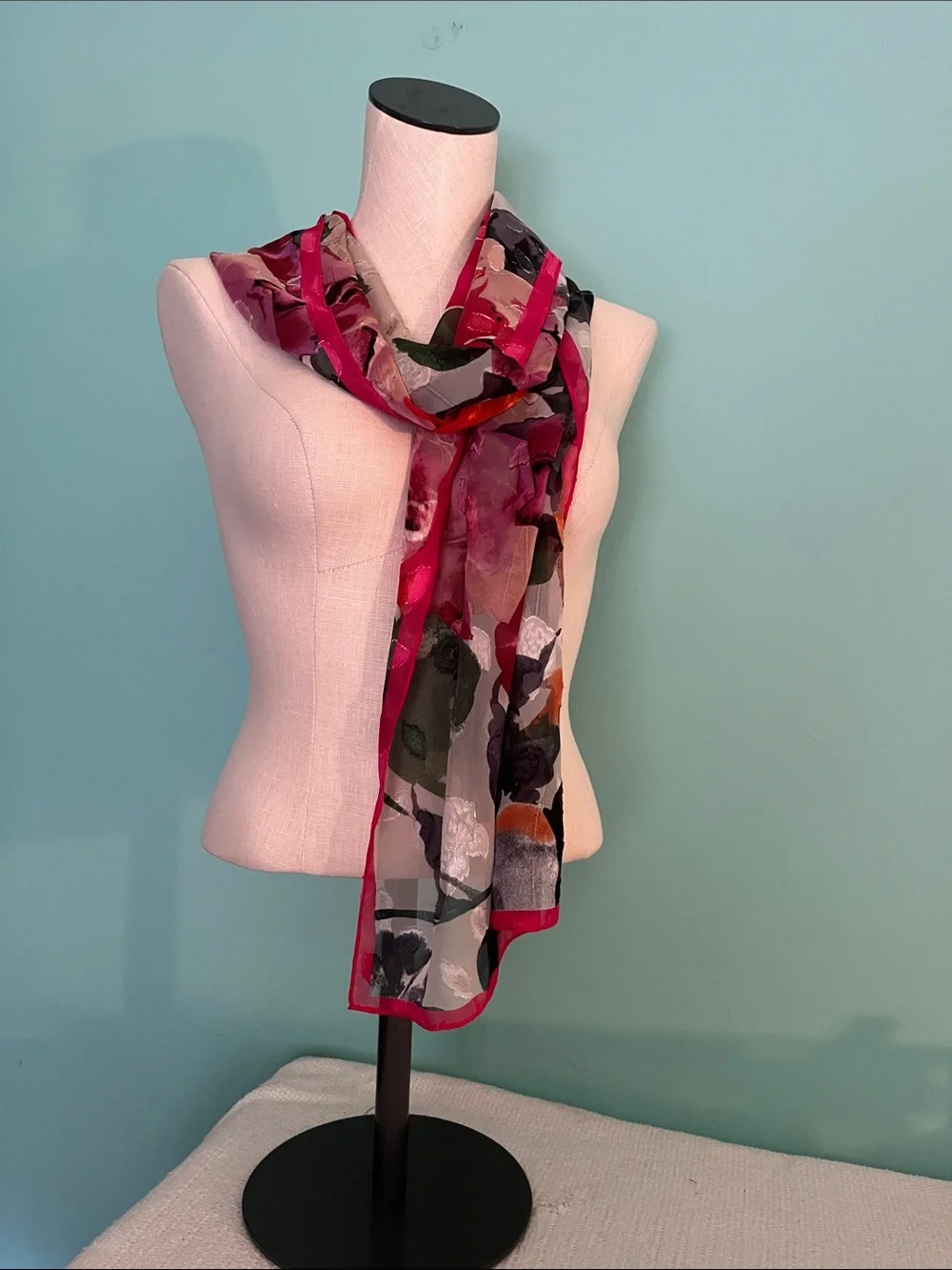 Vince Camuto Floral Sheer Scarf with Hot Pink Edge